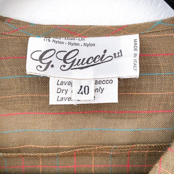 Vintage 70's Gucci Plaid Ruffle Front Shirt Top Long Sleeve Linen Brown Size 40 - Picture 4 of 7